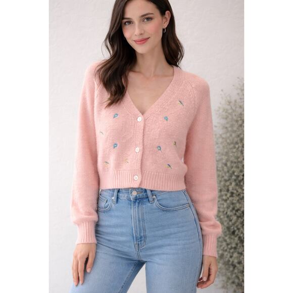 English Factory Sweaters - ENGLISH FACTORY | Pink Floral Embroidered Cardigan Sweater Cottagecore | Large